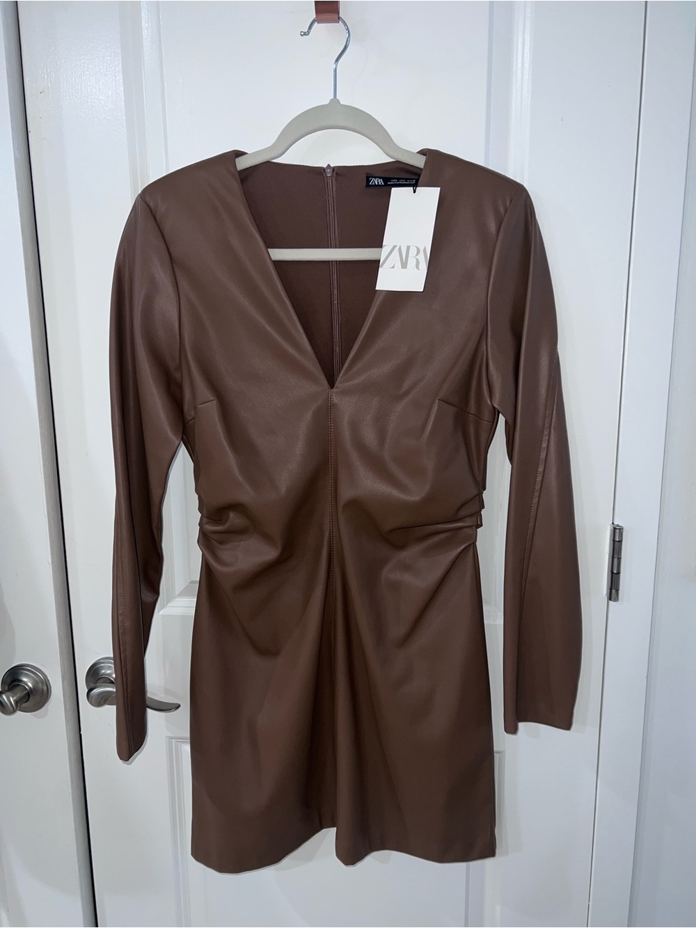 ZARA Brown Faux Leather Long Sleeve V-Neck Dress
